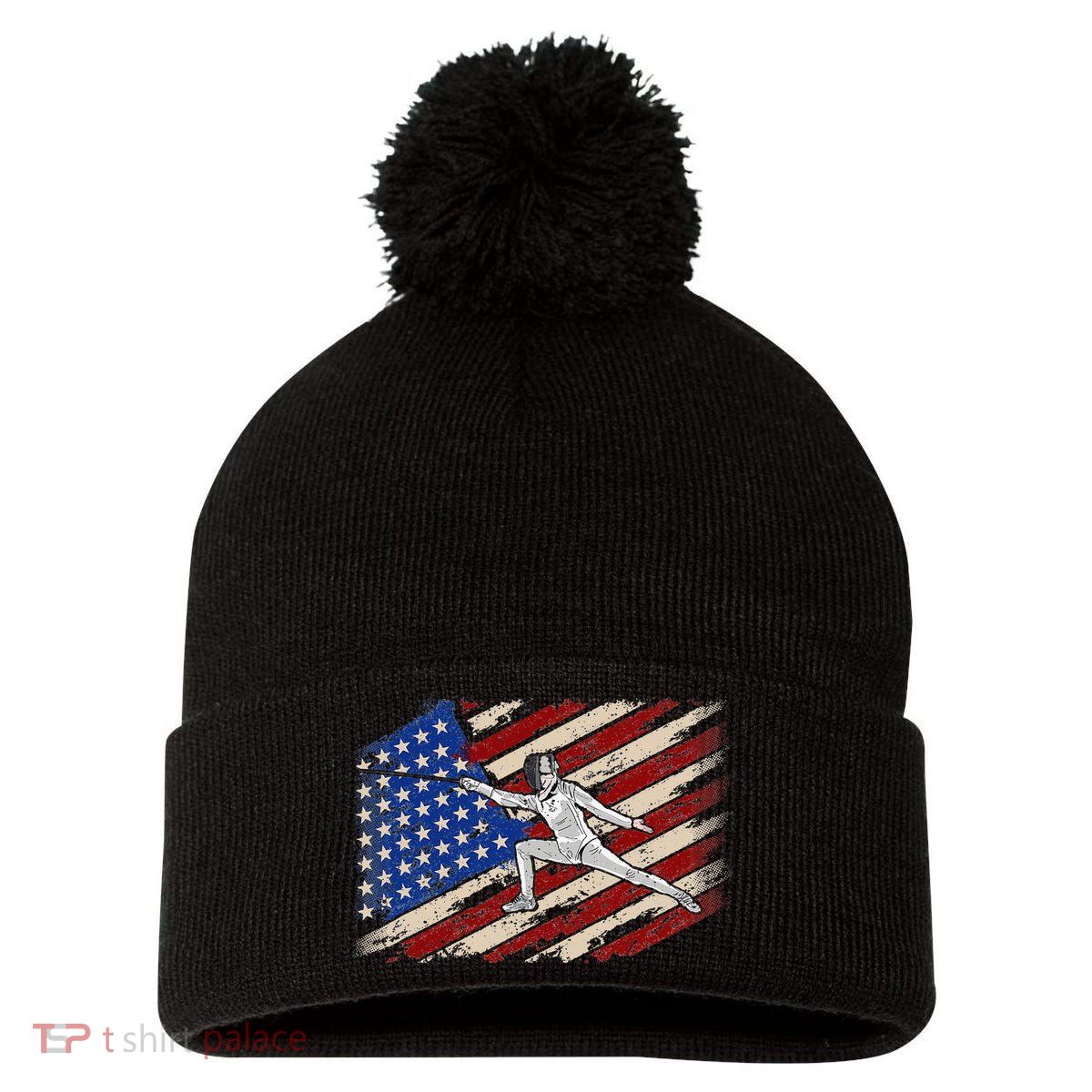 Fencing American Flag Fencer USA Foil Epee Saber Patriotic Pom Pom 12in Knit Beanie