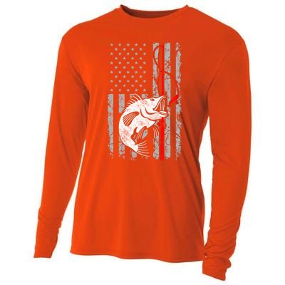 Fishing American Flag Vintage Usa Bass Fisher Gift Cooling Performance Long Sleeve Crew