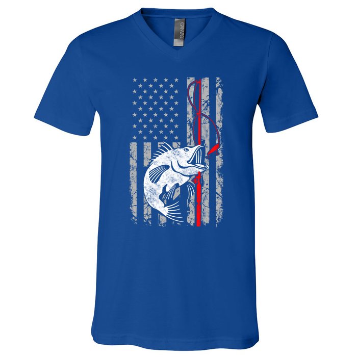 Fishing American Flag Vintage Usa Bass Fisher Gift V-Neck T-Shirt