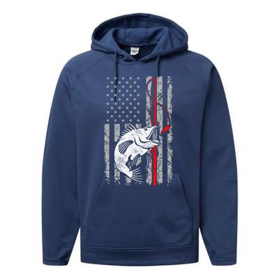 Fishing American Flag Vintage Usa Bass Fisher Gift Performance Fleece Hoodie