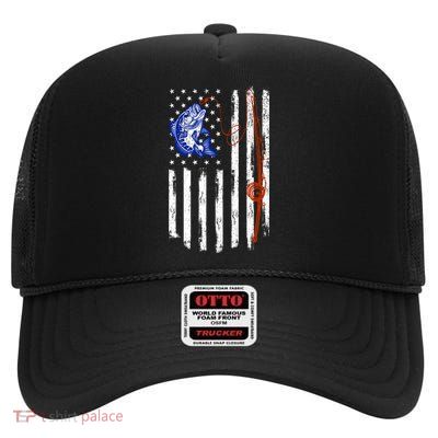 Fishing American Flag 4th Of July Usa Patriotic Fish Lover Gift High Crown Mesh Back Trucker Hat