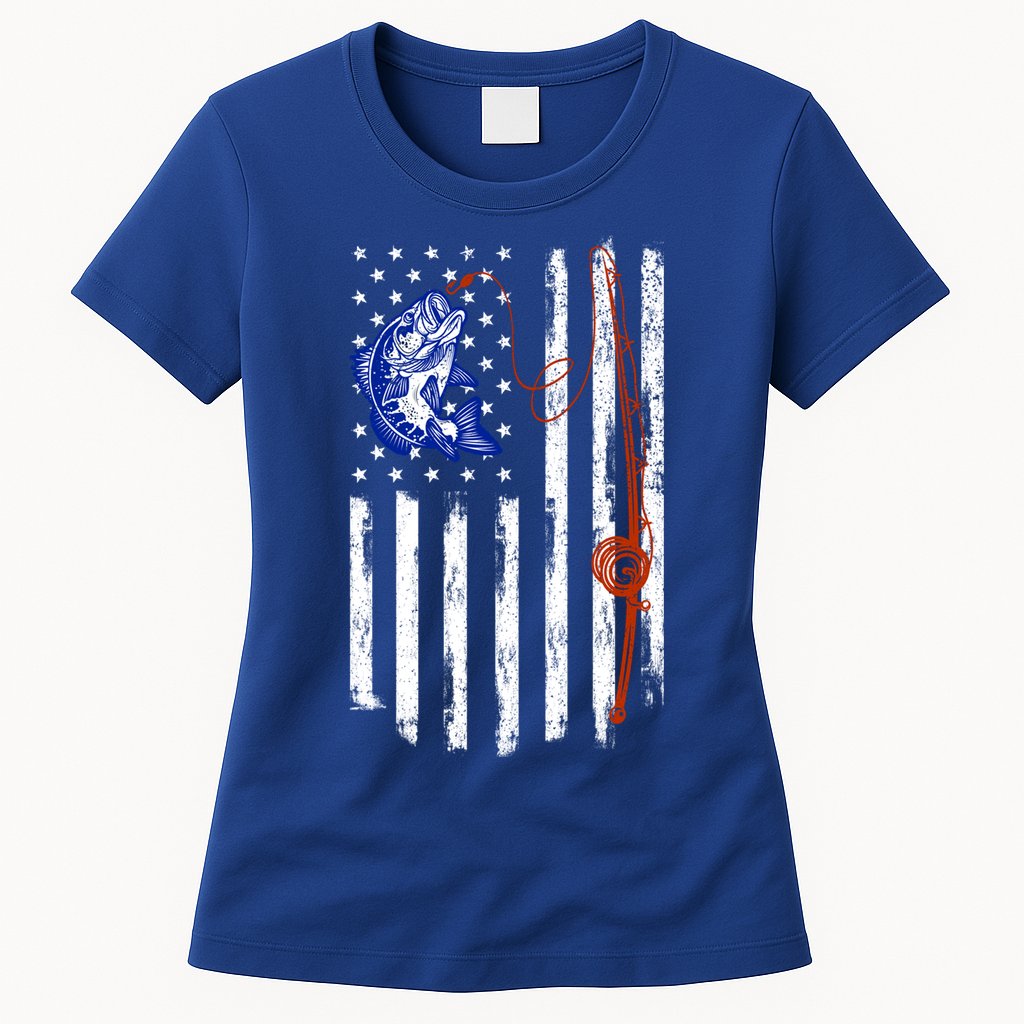 Fishing American Flag 4th Of July Usa Patriotic Fish Lover Gift Womens T-Shirt