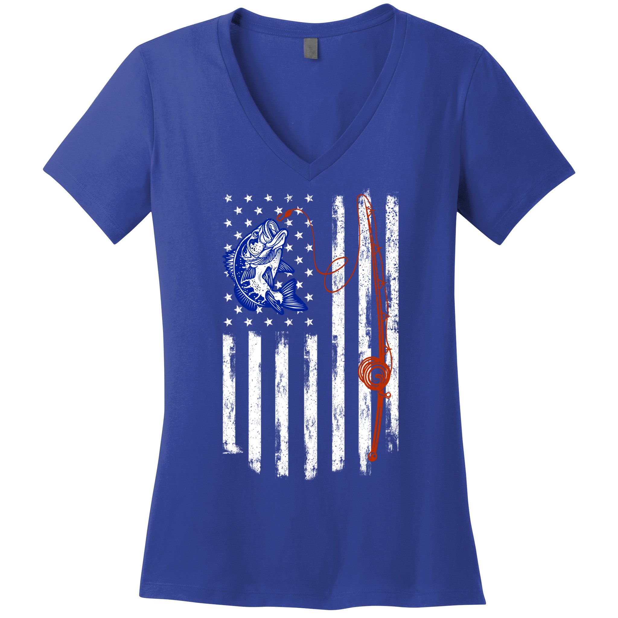 Fishing American Flag 4th Of July Usa Patriotic Fish Lover Gift Women's V-Neck T-Shirt
