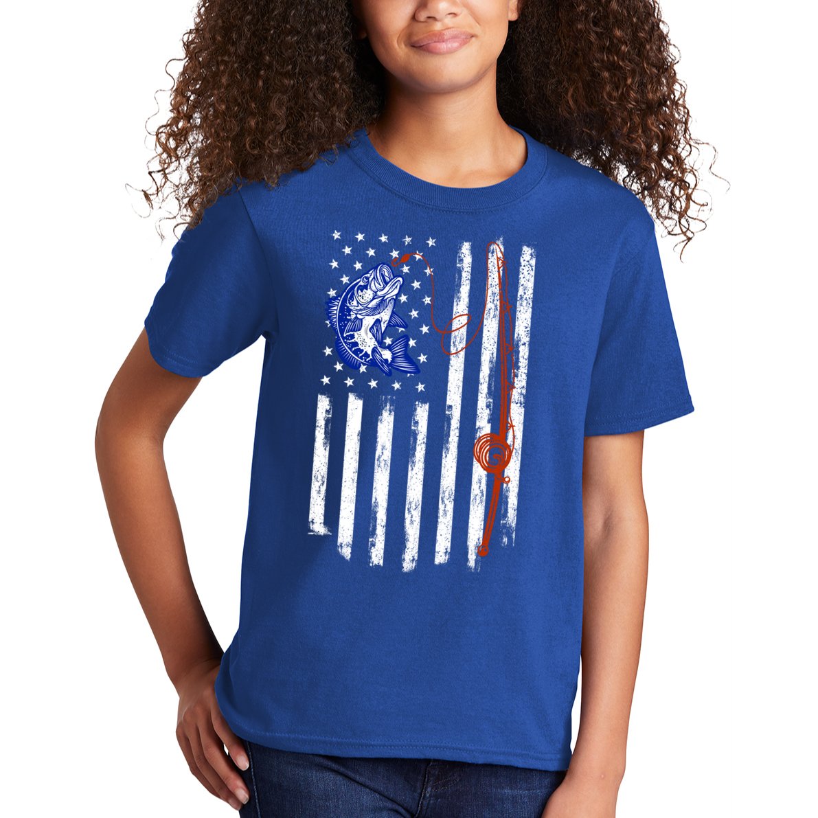Fishing American Flag 4th Of July Usa Patriotic Fish Lover Gift Kids T-Shirt
