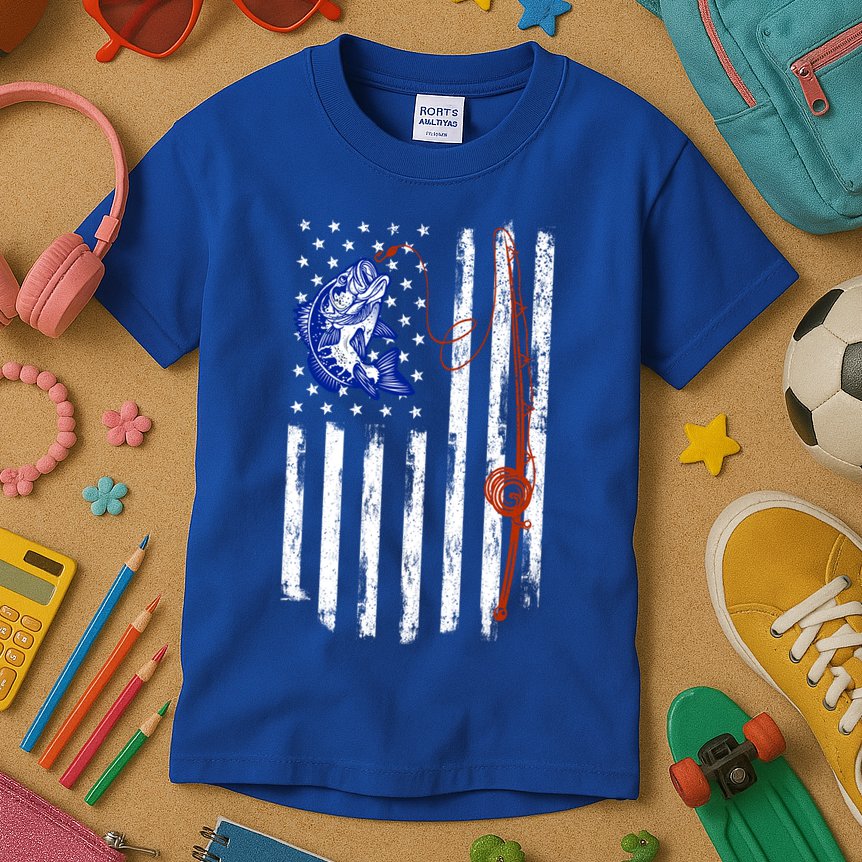 Fishing American Flag 4th Of July Usa Patriotic Fish Lover Gift Kids T-Shirt