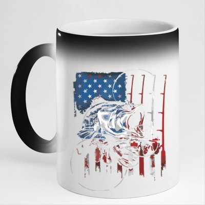 Fishing American Flag Vintage USA Bass Fisherman Gift 11oz Black Color Changing Mug