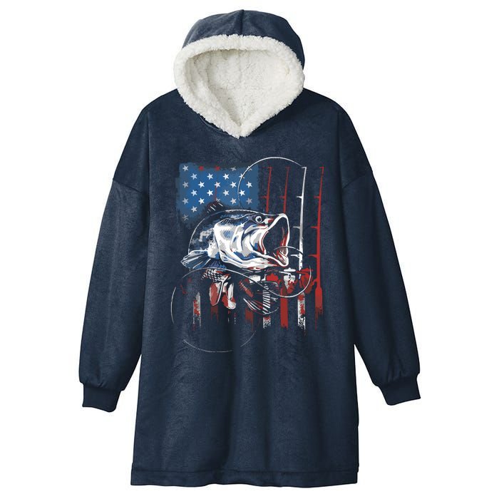 Fishing American Flag Vintage USA Bass Fisherman Gift Hooded Wearable Blanket