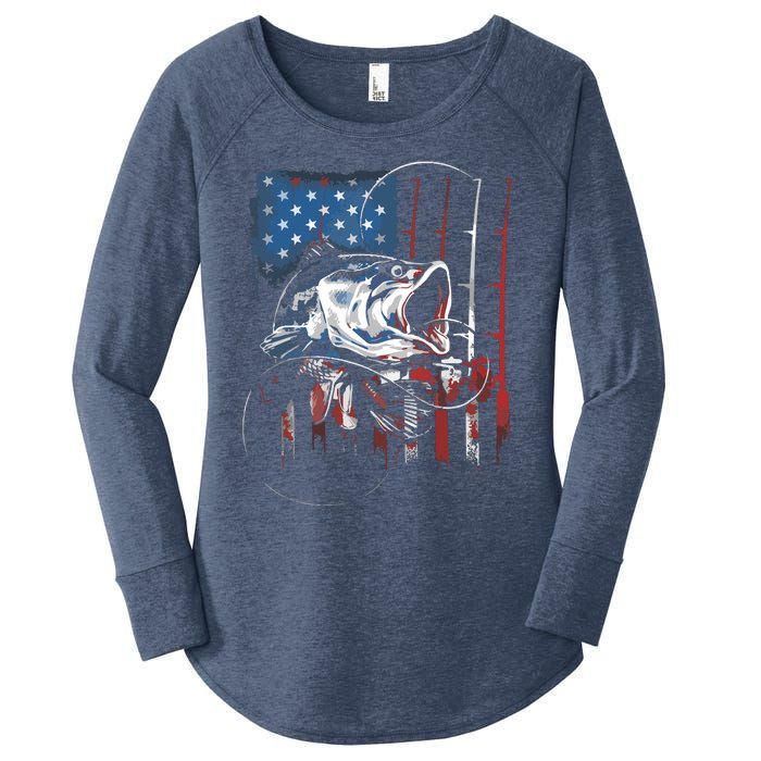 Fishing American Flag Vintage USA Bass Fisherman Gift Women's Perfect Tri Tunic Long Sleeve Shirt