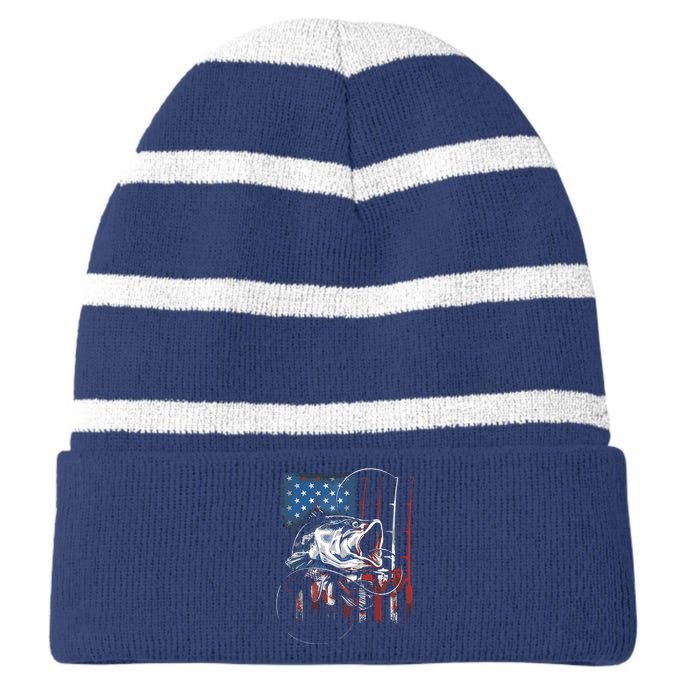 Fishing American Flag Vintage USA Bass Fisherman Gift Striped Beanie with Solid Band