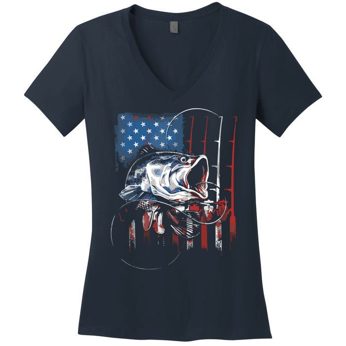 Fishing American Flag Vintage USA Bass Fisherman Gift Women's V-Neck T-Shirt