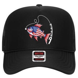 Fisherman American Flag Fishing High Crown Mesh Back Trucker Hat