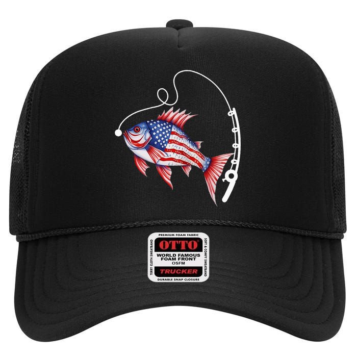 Fisherman American Flag Fishing High Crown Mesh Back Trucker Hat