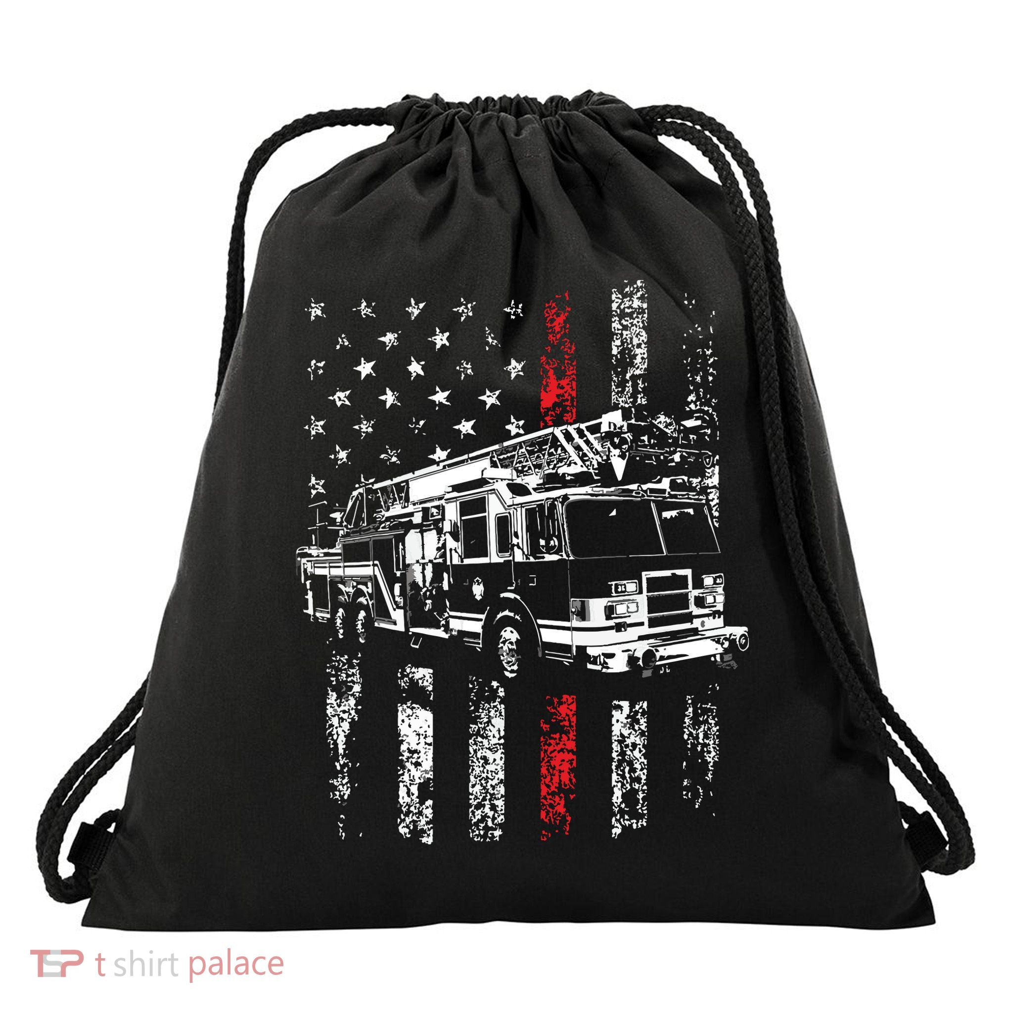 Fireman American Flag Thin Red Line Firefighter Drawstring Bag