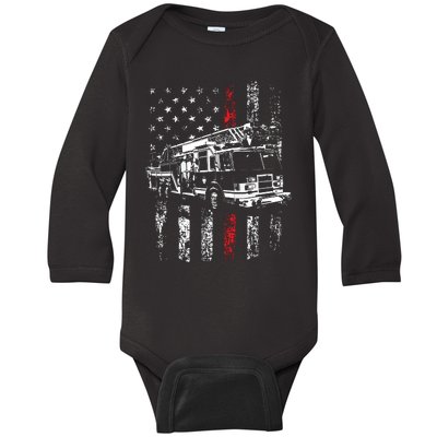 Fireman American Flag Thin Red Line Firefighter Baby Long Sleeve Bodysuit