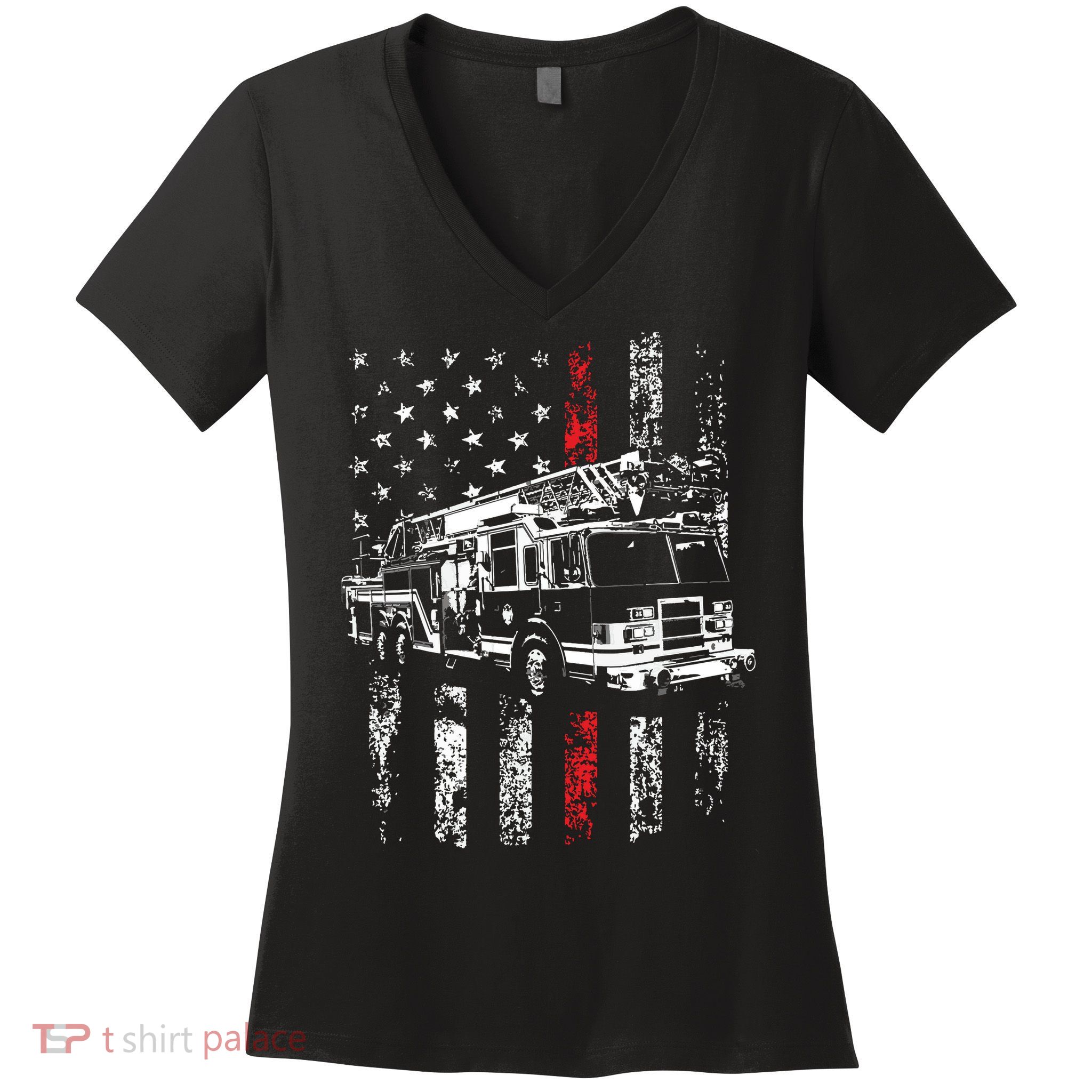 Fireman American Flag Thin Red Line Firefighter Women's V-Neck T-Shirt