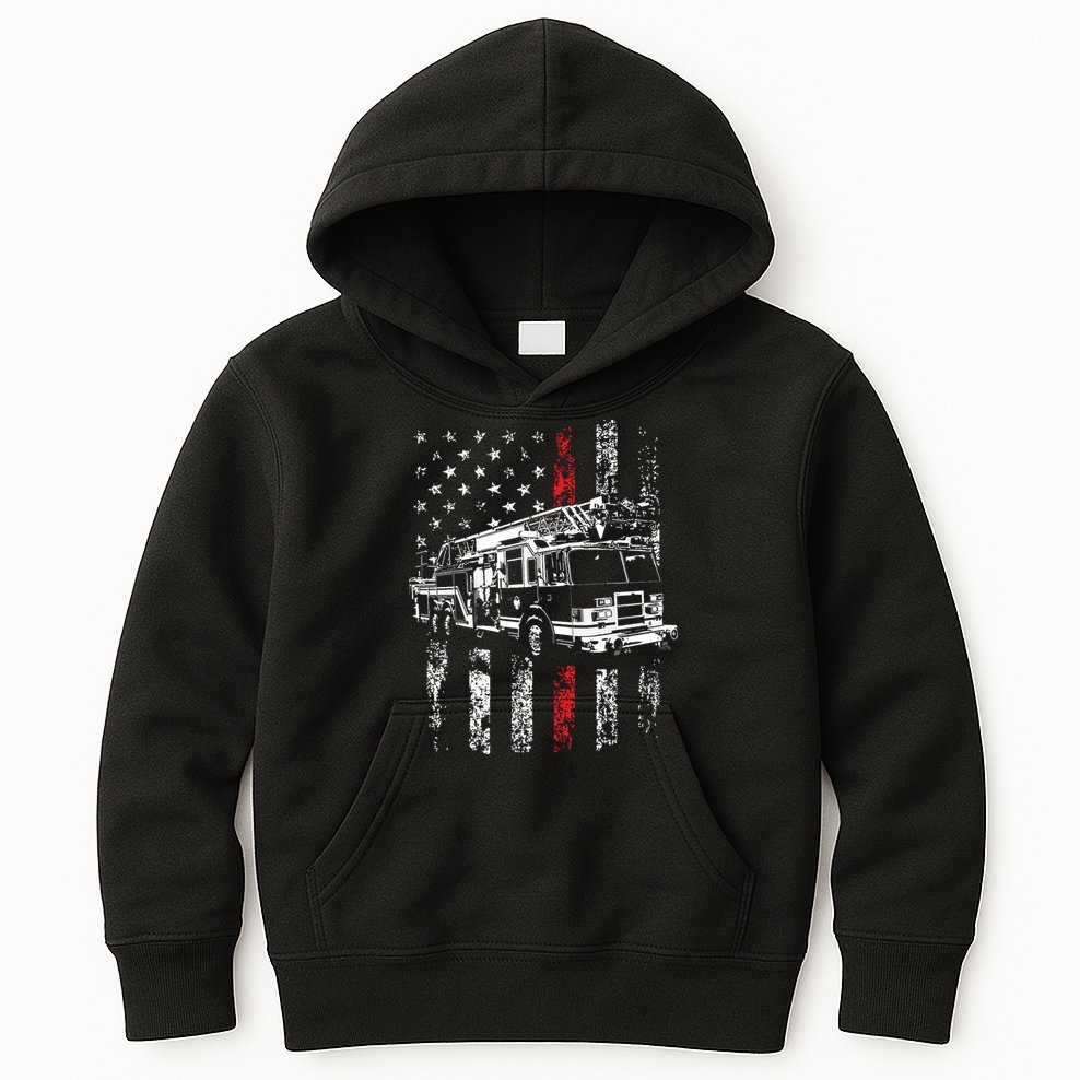 Fireman American Flag Thin Red Line Firefighter Kids Hoodie