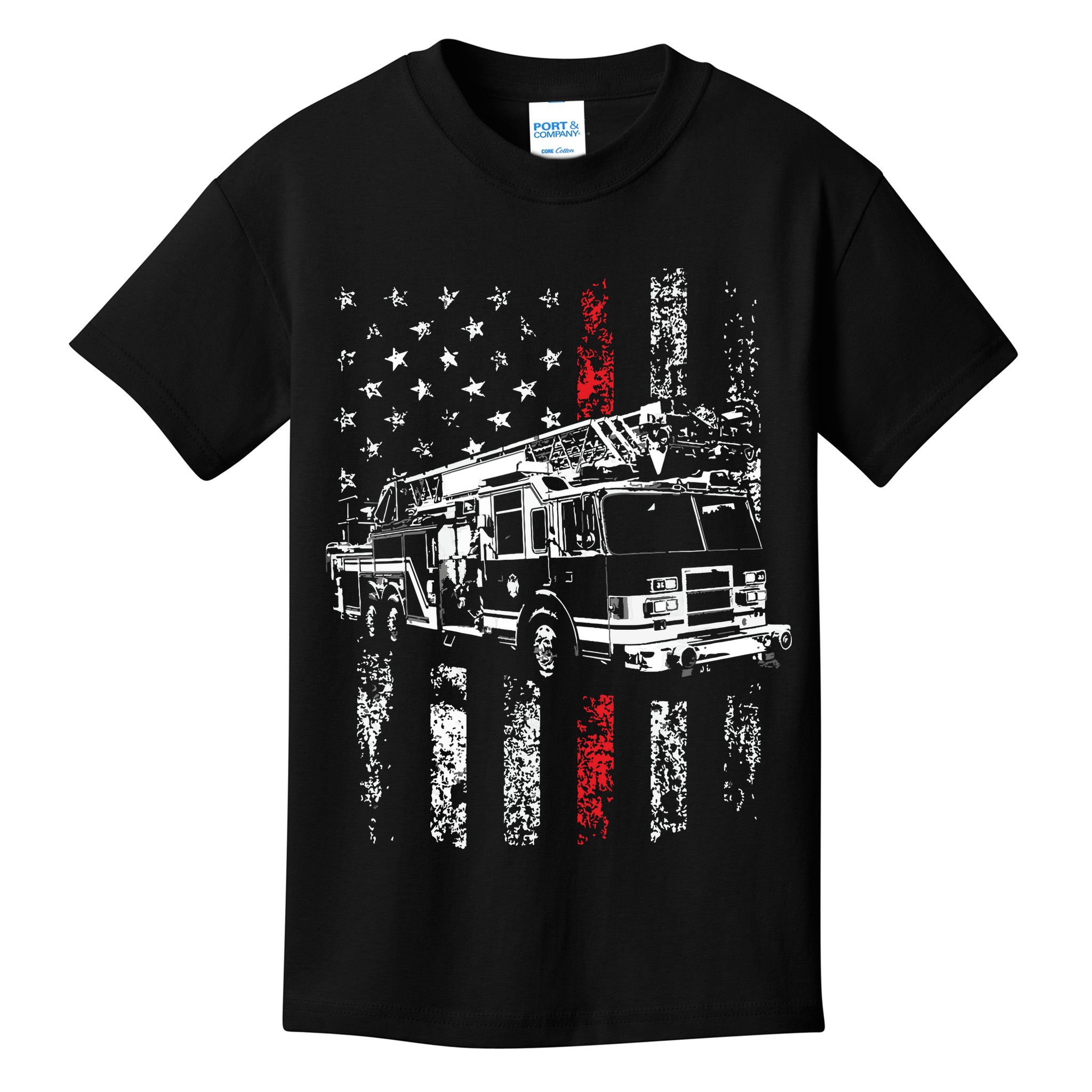 Fireman American Flag Thin Red Line Firefighter Kids T-Shirt