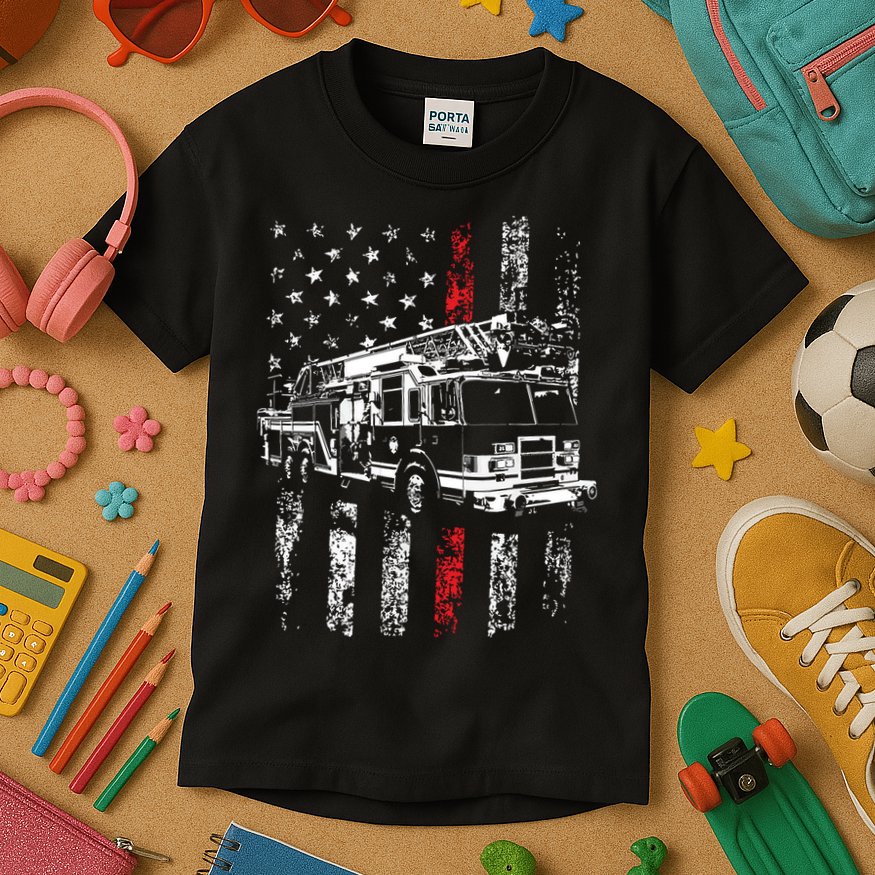 Fireman American Flag Thin Red Line Firefighter Kids T-Shirt
