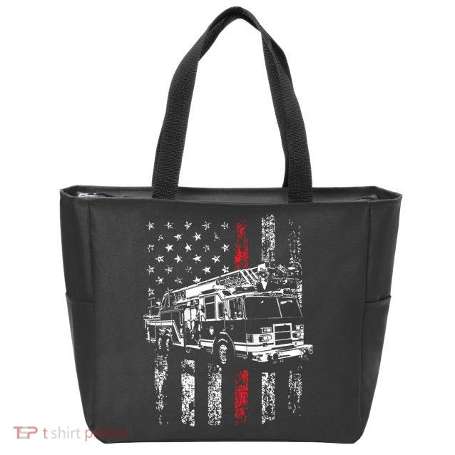 Fireman American Flag Thin Red Line Firefighter Zip Tote Bag