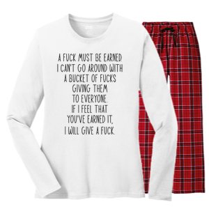 Funy A Fuck Must Be Earned Women's Long Sleeve Flannel Pajama Set 