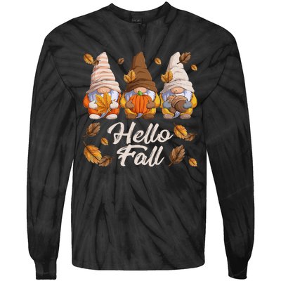 Funny Autumn Gnomes Autumn Leaves Hello Fall  Tie-Dye Long Sleeve Shirt