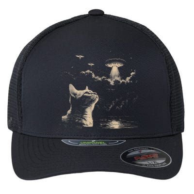 Funny Animal Graphic Cat Selfie With Ufos Weird Flexfit Unipanel Trucker Cap