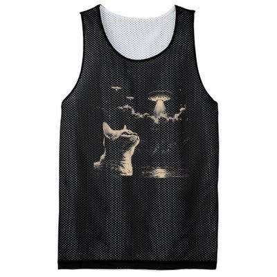 Funny Animal Graphic Cat Selfie With Ufos Weird Mesh Reversible Basketball Jersey Tank