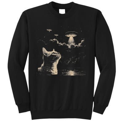 Funny Animal Graphic Cat Selfie With Ufos Weird Tall Sweatshirt