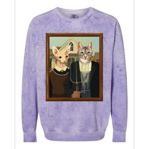 Funny American Gothic Cat Parody (Ameowican Gothic) Graphic Colorblast Crewneck Sweatshirt