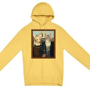 Funny American Gothic Cat Parody (Ameowican Gothic) Graphic Premium Pullover Hoodie