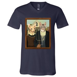 Funny American Gothic Cat Parody (Ameowican Gothic) Graphic V-Neck T-Shirt