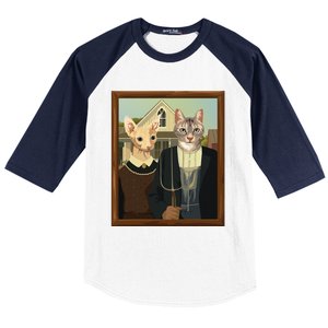 Funny American Gothic Cat Parody (Ameowican Gothic) Graphic Baseball Sleeve Shirt