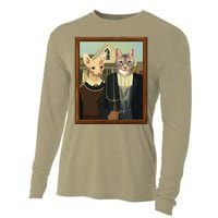 Funny American Gothic Cat Parody (Ameowican Gothic) Graphic Cooling Performance Long Sleeve Crew