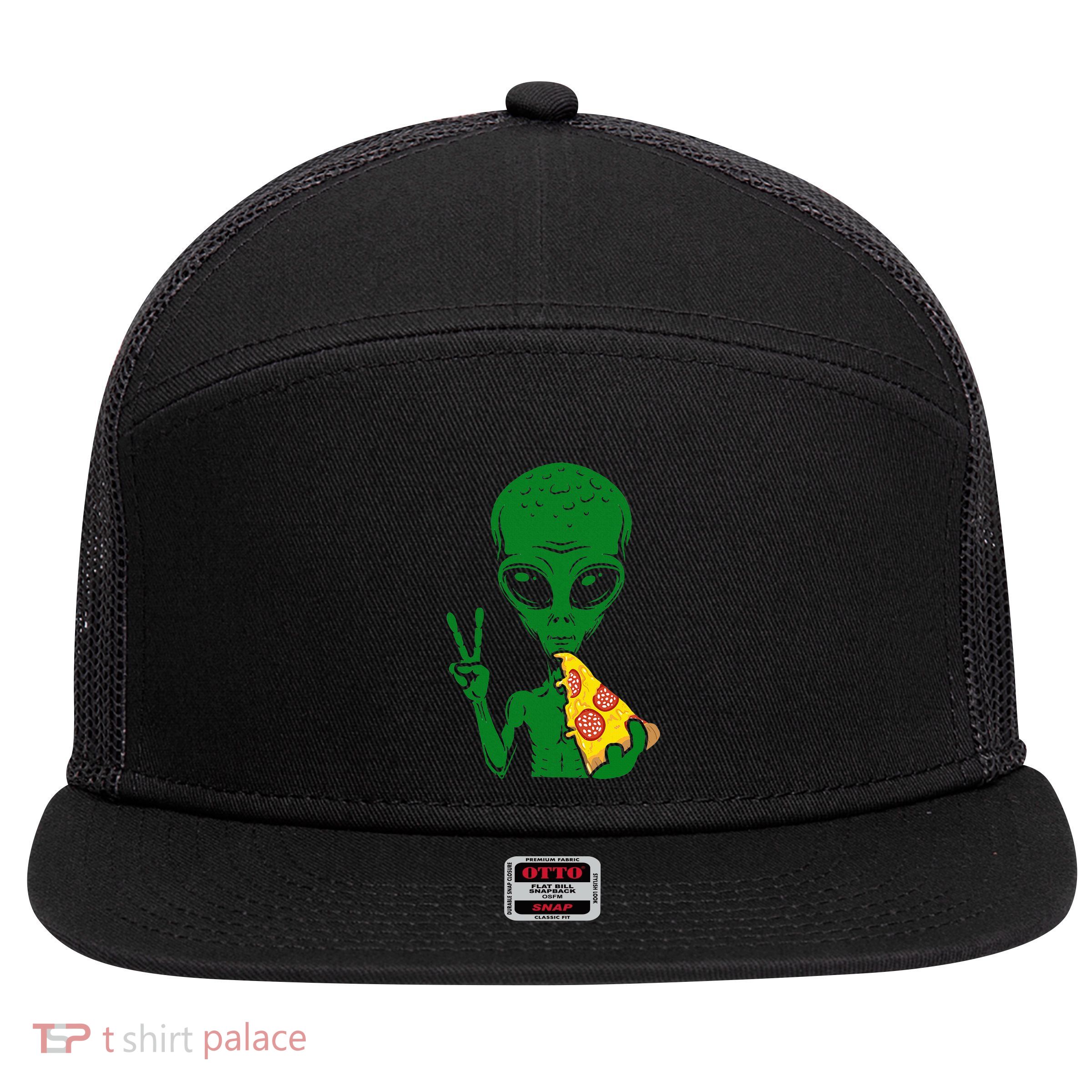Funny Alien Head Eating Pizza Ufo Extraterrestrial 7 Panel Mesh Trucker Snapback Hat
