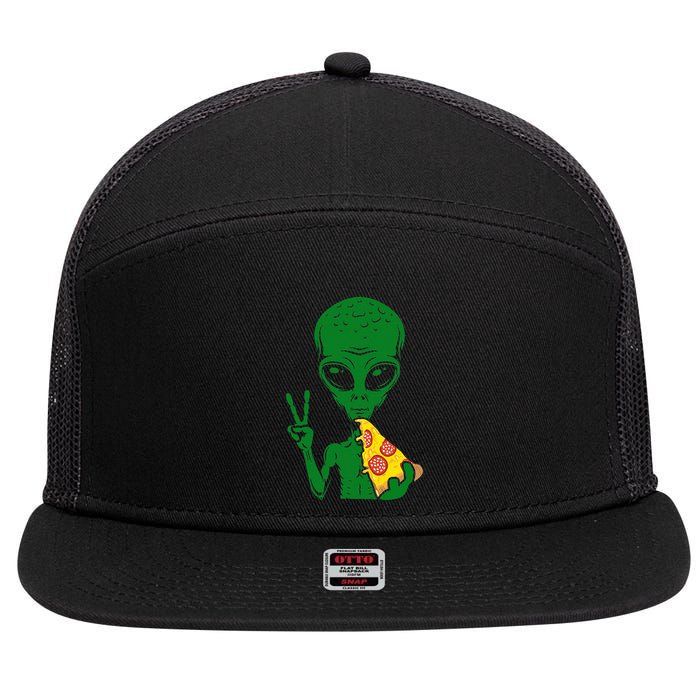 Funny Alien Head Eating Pizza Ufo Extraterrestrial 7 Panel Mesh Trucker Snapback Hat
