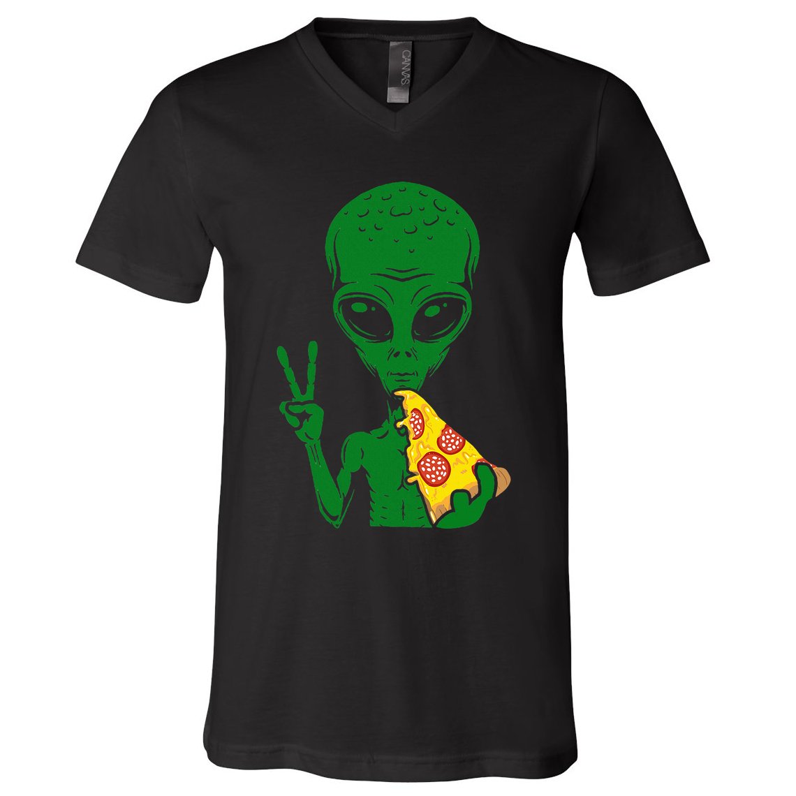 Funny Alien Head Eating Pizza Ufo Extraterrestrial V-Neck T-Shirt