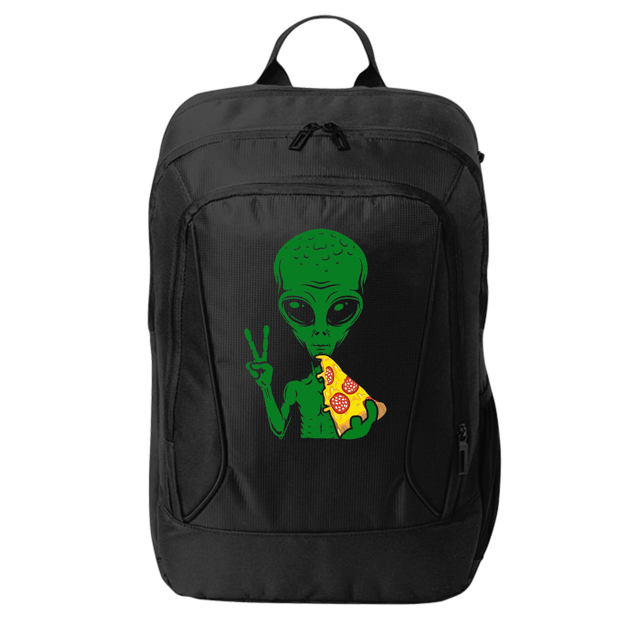 Funny Alien Head Eating Pizza Ufo Extraterrestrial City Backpack