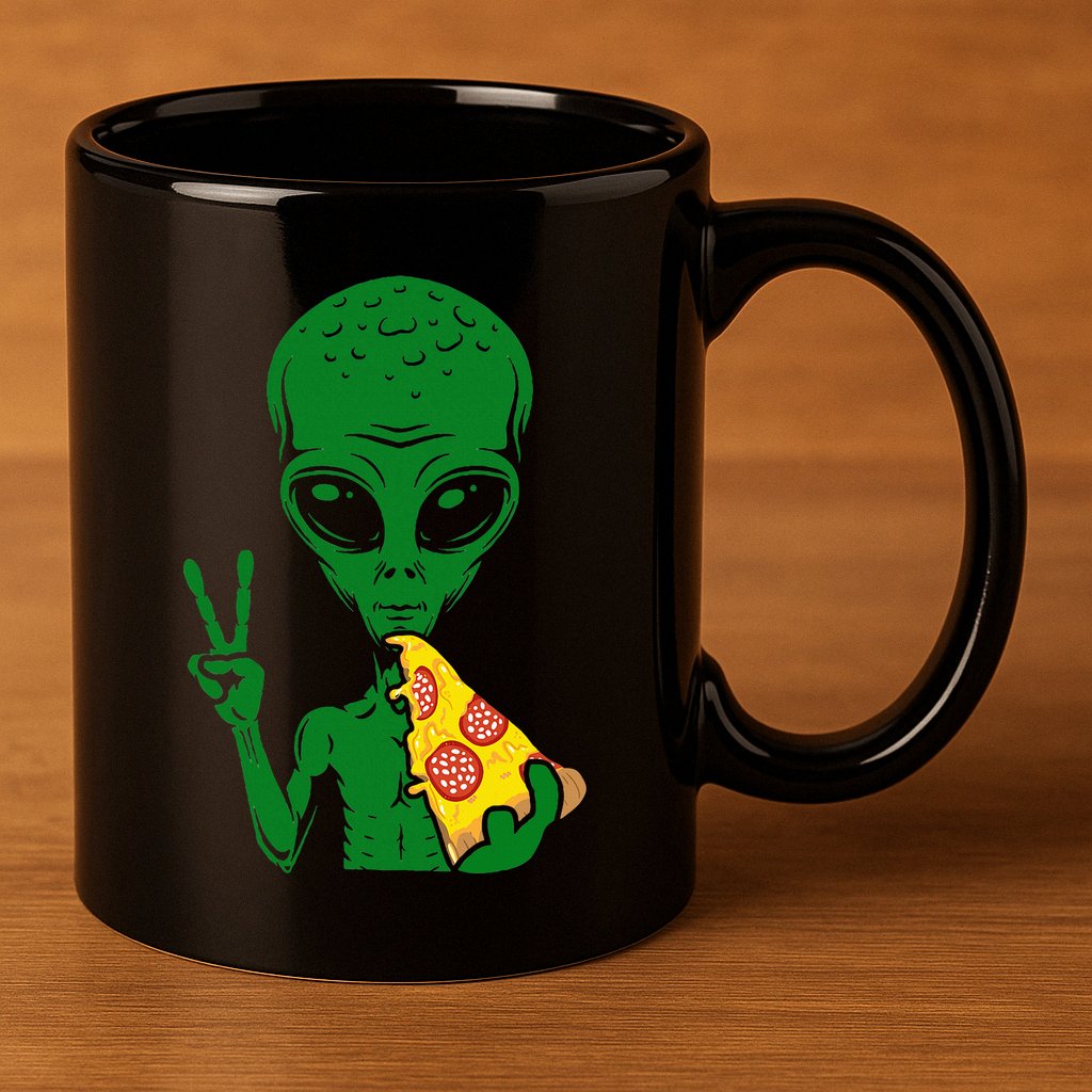 Funny Alien Head Eating Pizza Ufo Extraterrestrial 11oz C Handle Ceramic Mug