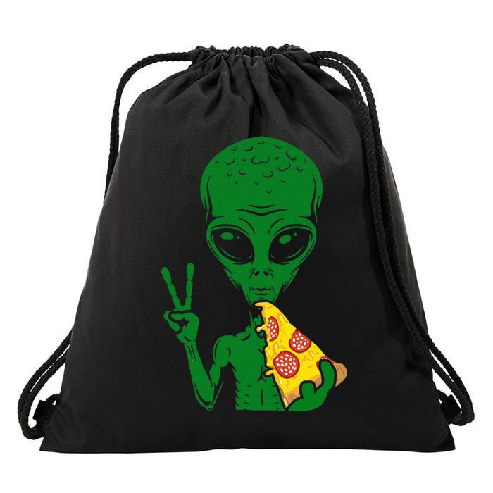 Funny Alien Head Eating Pizza Ufo Extraterrestrial Drawstring Bag