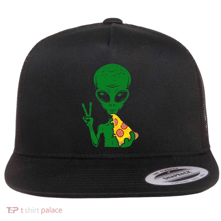 Funny Alien Head Eating Pizza Ufo Extraterrestrial Flatbill Hat