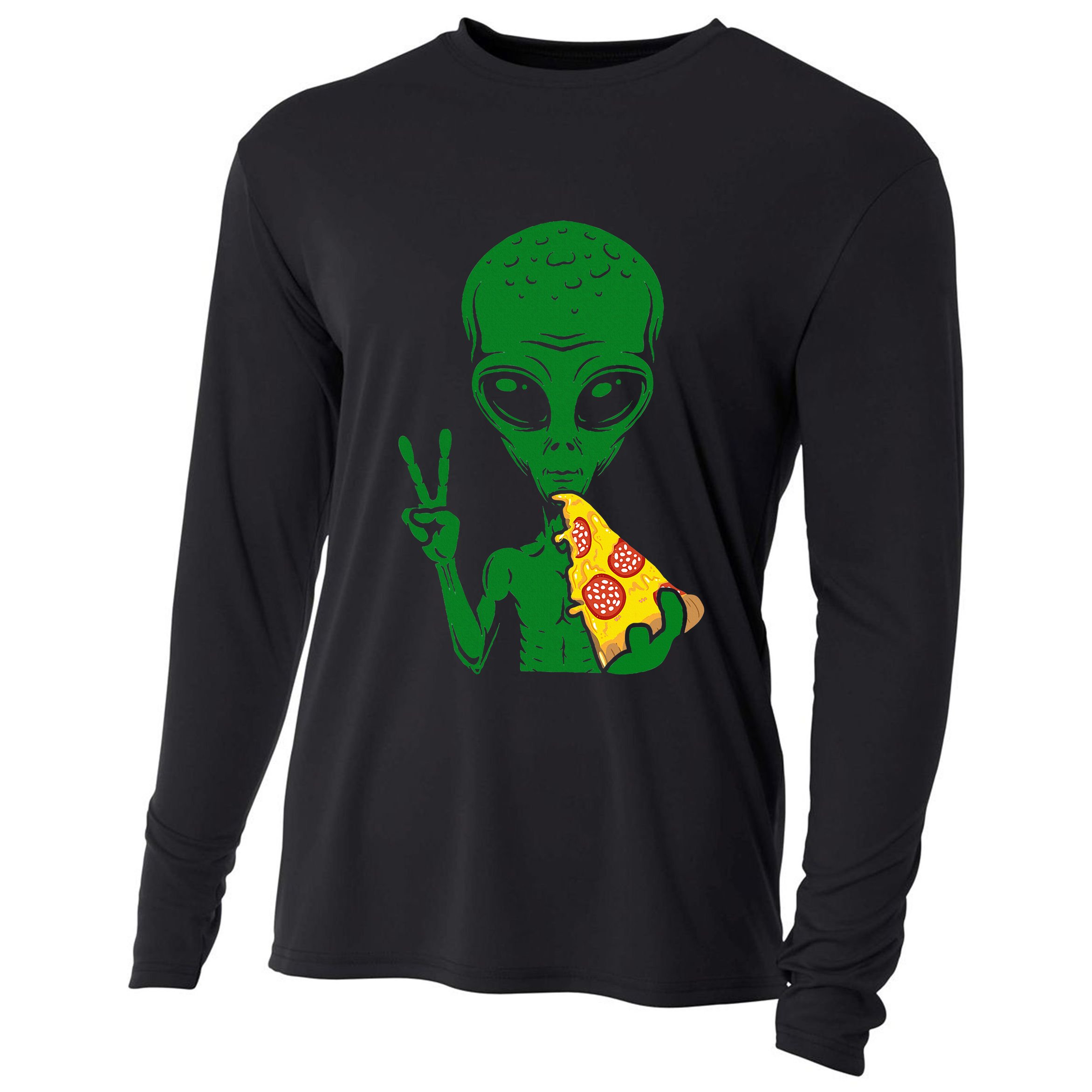 Funny Alien Head Eating Pizza Ufo Extraterrestrial Cooling Performance Long Sleeve Crew