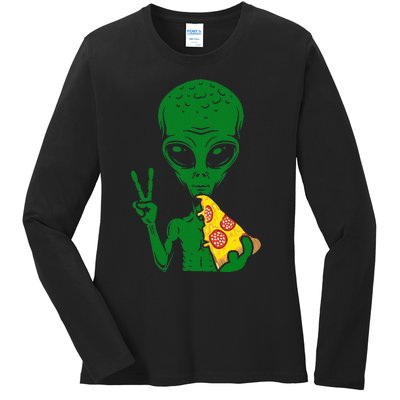 Funny Alien Head Eating Pizza Ufo Extraterrestrial Ladies Long Sleeve Shirt