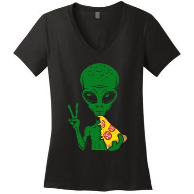 Funny Alien Head Eating Pizza Ufo Extraterrestrial Women's V-Neck T-Shirt
