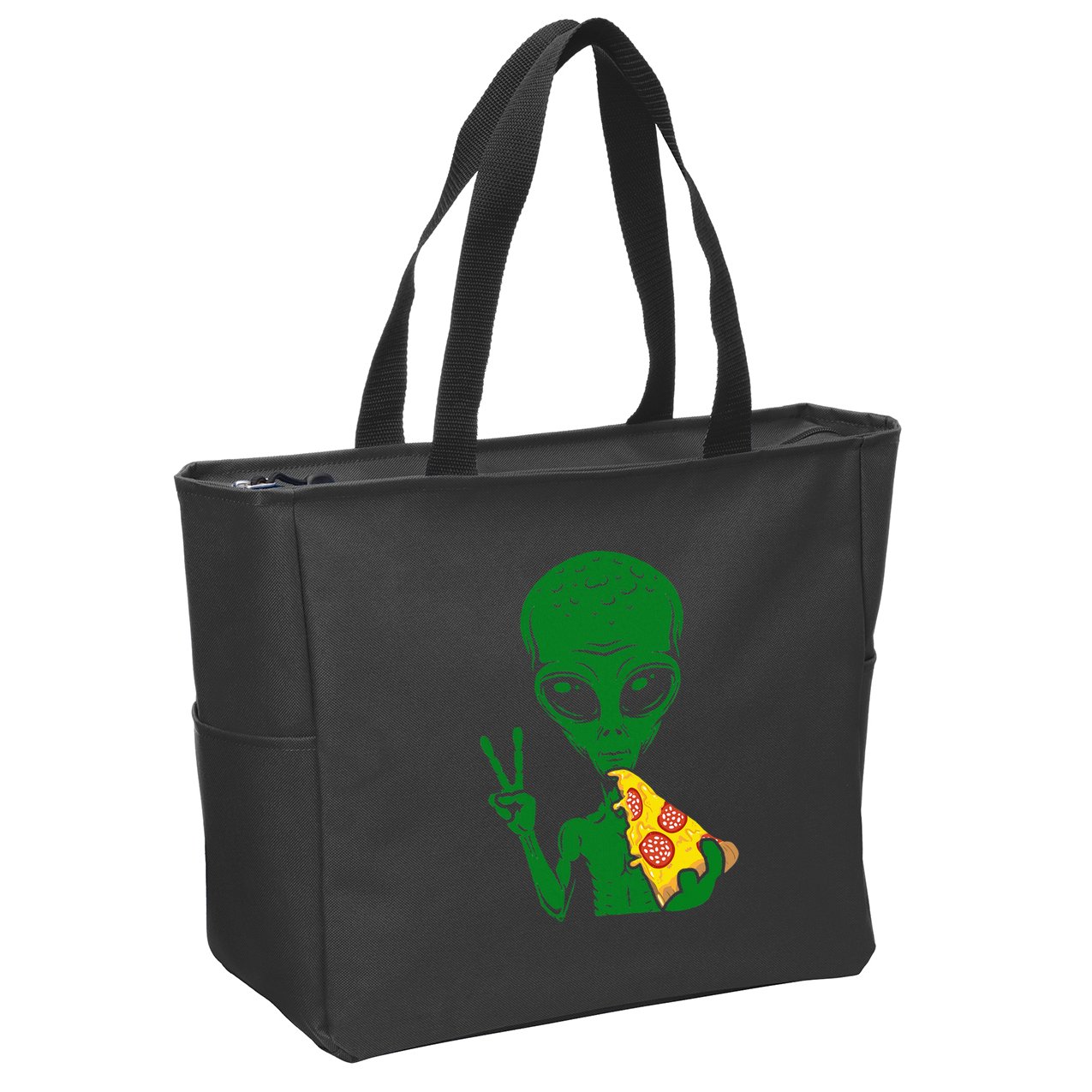 Funny Alien Head Eating Pizza Ufo Extraterrestrial Zip Tote Bag