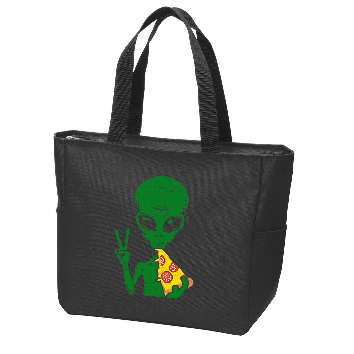 Funny Alien Head Eating Pizza Ufo Extraterrestrial Zip Tote Bag