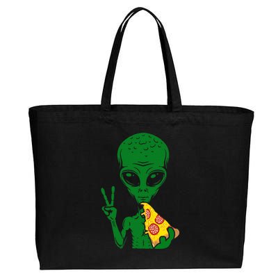 Funny Alien Head Eating Pizza Ufo Extraterrestrial Cotton Canvas Jumbo Tote