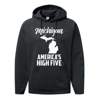 Funny Americas High Five State Of Michigan Gift Men Women Performance Fleece Hoodie