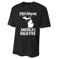 Funny Americas High Five State Of Michigan Gift Men Women Performance Sprint T-Shirt