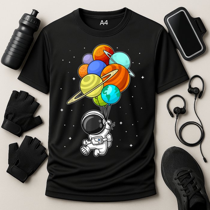 Funny Astronaut Holding Planet Balloons Space Toddler Cooling Performance Crew T-Shirt
