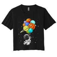 Funny Astronaut Holding Planet Balloons Space Toddler Women's Crop Top Tee